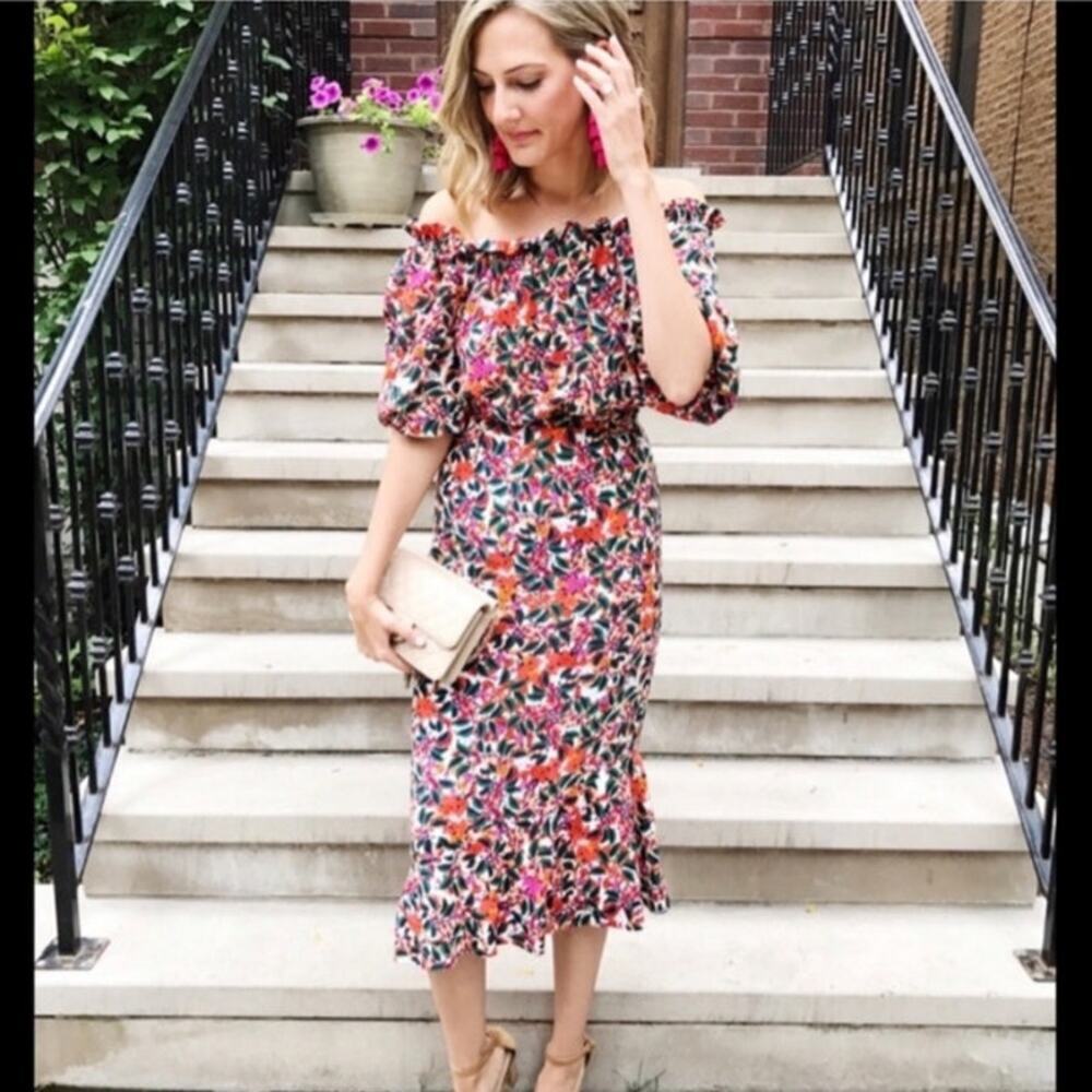 SALONI Off-Shoulder Floral Midi Dress in Pink, Orange, Green